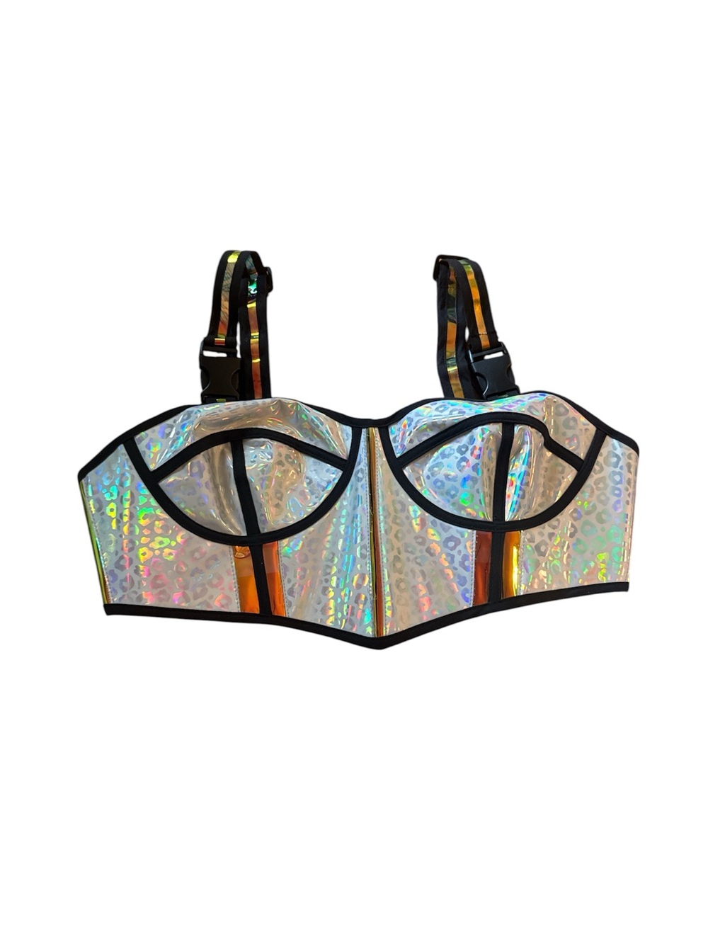 Club exx dolls kill Holographic Iridescent leopard Bustier Top with Black Trim
